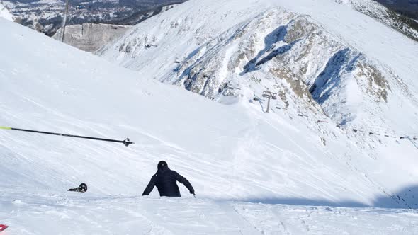 Mountain Skiers Slide Downhill on the Ski Run Mountain Skiing  60p alt