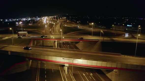 Highway with Crossroads and a Multilane Road in the Suburbs of Warsaw Night alt