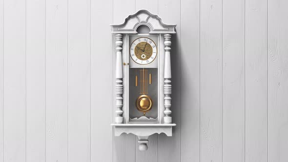 Beautiful white wooden luxurious vintage clock hanging on a bright wall. 4KHD alt