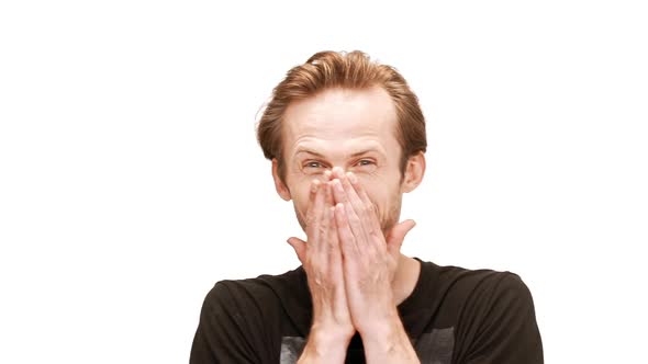 Surprised Young Handsome Man Smiling Rejoicing Over White Background alt