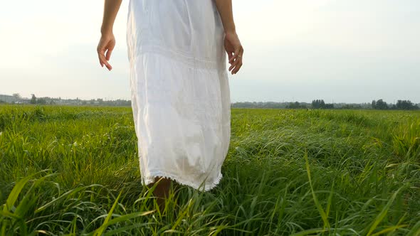 Back View of Young Woman in White Dress Walking on the Green Field