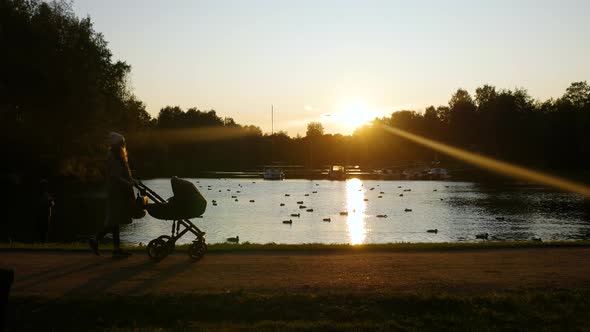 woman walks with a stroller by the lake in the sunset