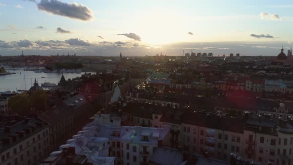 Drone Shot Flying Over Stockholm at Sunset