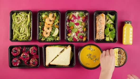 Food Delivery Top View Take Away Meals in Disposable Containers on Pink Background alt