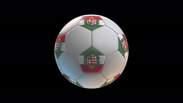 Soccer ball with flag Hungary, on black background loop alpha