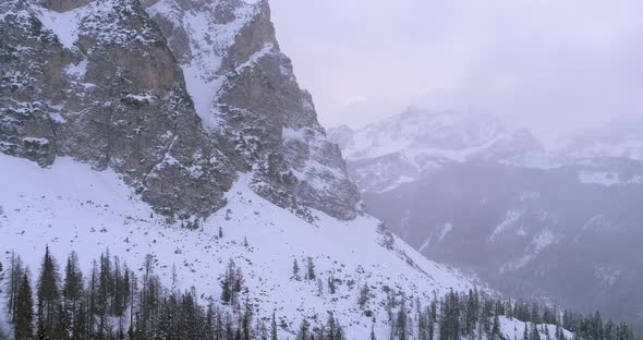 Backward Aerial Over Woods Forest with Snowy Mountain alt
