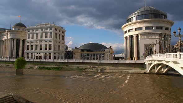 Macedonian Council Building Parliament, Courtyard Bridge Vardar River, Skopje, Macedonia