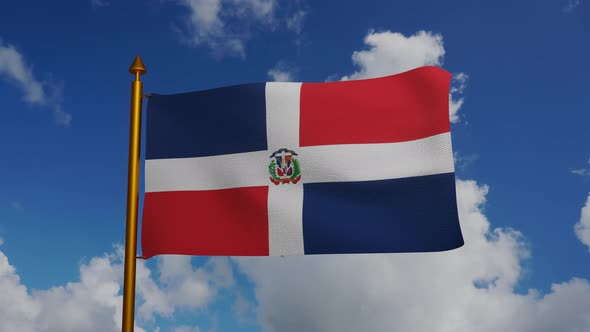 National flag of Dominican Republic waving with flagpole and blue sky timelaps alt