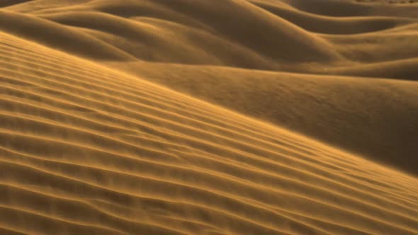 Golden Sand Waving in the Wind in Dunes of a Desert. Slow Motion Shot alt