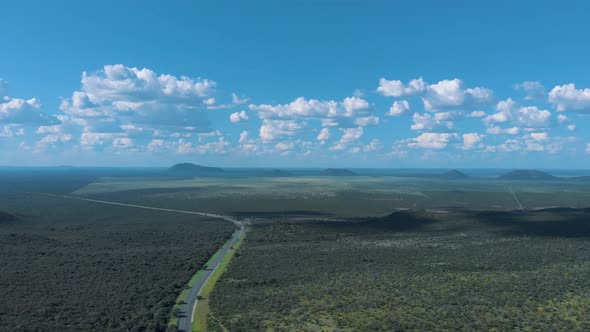 Arial drone footage of African tree landscape with sky and clouds, Botswana