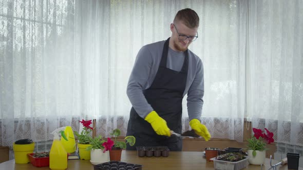 Male Gardener Planting Vegetables, Pour Soil for Seedlings in Seed Starting Tray
