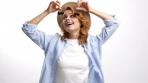 Young Girl in Playful Mood Wear Straw Summer Hat Kissing Fresh Ripe Sweet Cherry Berry Natural Food alt