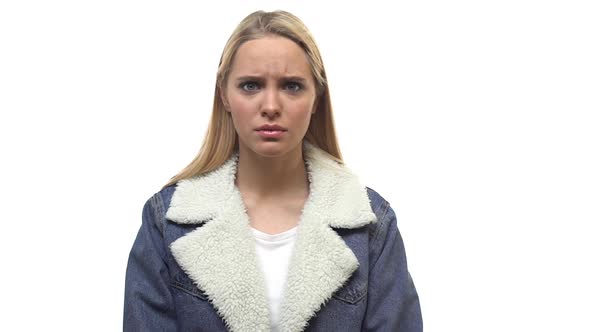 Slowmo Worried Perplexed Blond Woman Frowning Thoughtful Looking Anxious Alarmed and Troubled Being alt