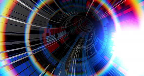Motion graphic 4K seamless loop of flying into digital technologic tunnel.  alt