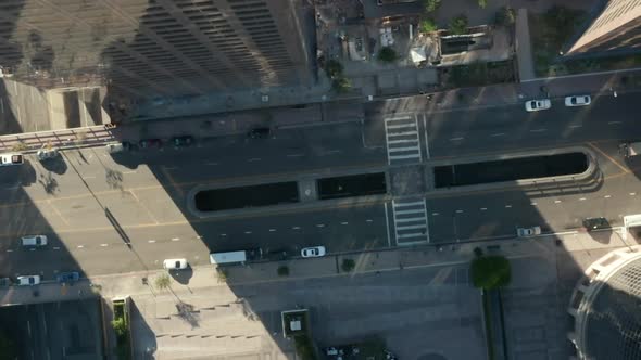 AERIAL: Slow Uplifting Birds Eye View Flight Over Downtown Los Angeles California Grand Avenue in alt