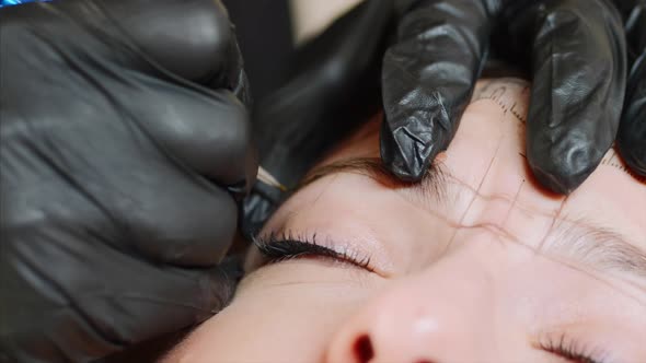 The Microblading Master Is Filling Up the Shape of an Eyebrow with a Color. alt