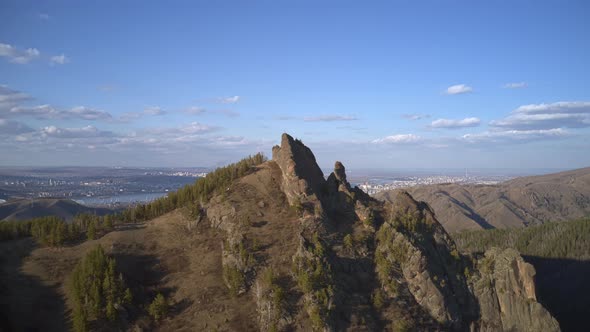 Aerial Hyperlapse Panorama of Takmak Rock in the Russian Stolby Nature Reserve