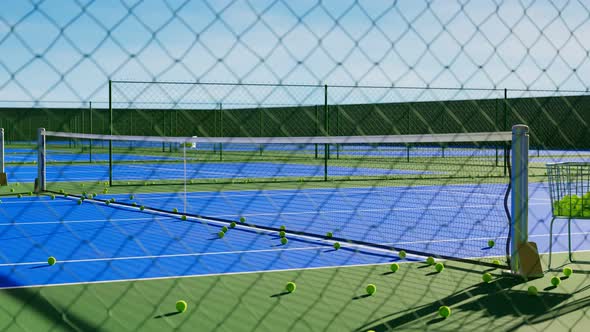 Tilting footage of the tennis court behind the fence. Blue and green area 4k HD alt