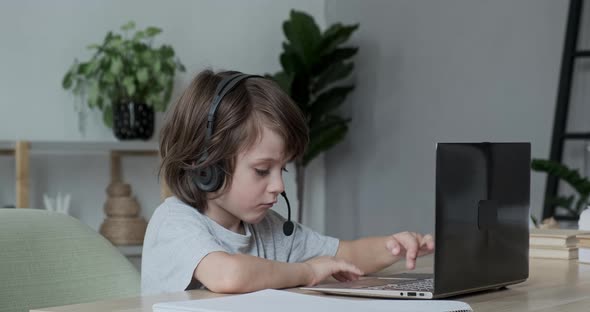 Serious Focused Boy Preschooler Learning Online Through Video Chat Laptop alt