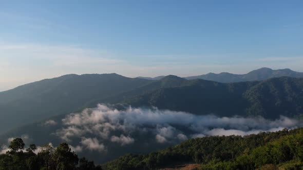 Landscape of greenery rainforest mountains and hills with the sea of fog