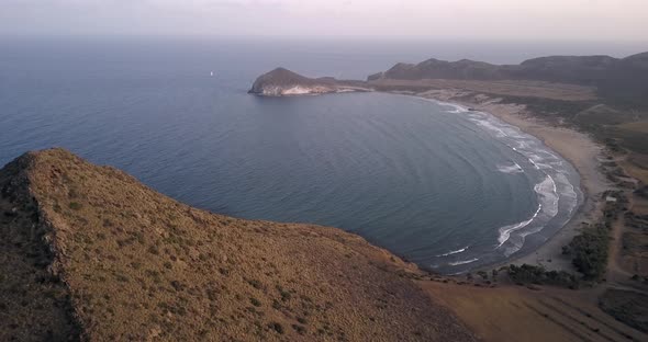 Aerial drone view of Genoveses beach bay in Almeria. Eastern Mediterranean area, Spain. alt