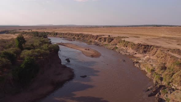 Aerial of Mara river with hippos alt