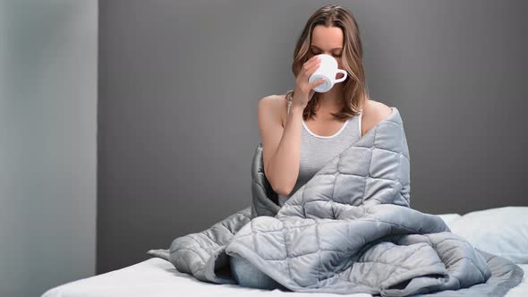 Happy Feminine Enjoying Morning Covering Blanket Drink Coffee alt