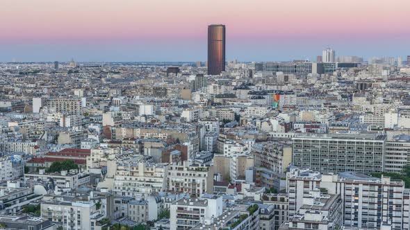 Aerial Panorama Above Houses Rooftops in a Paris Day To Night Timelapse alt