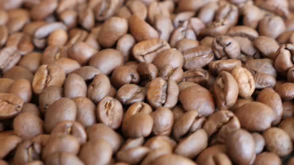Arabica type coffee beans on table slow dolly shoot moving 4K 3840X2160 UltraHD footage - Camera on  alt