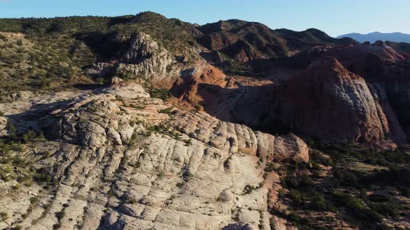 Panaromic jib view of the drone over the rocky mountains. Saint Geroge, Utah. Vortex. alt