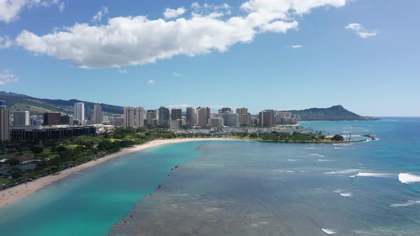 Wide descending aerial shot of Ala Moana Beach in Honolulu on the island of O'ahu, Hawaii. 4K alt