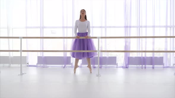 Professional Ballerina Is Puts Her Leg on the Barre Stand