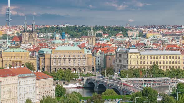 Beautiful View On Prague In Czech Republic Timelapse With Flowing River Vltava And With Zizkov alt