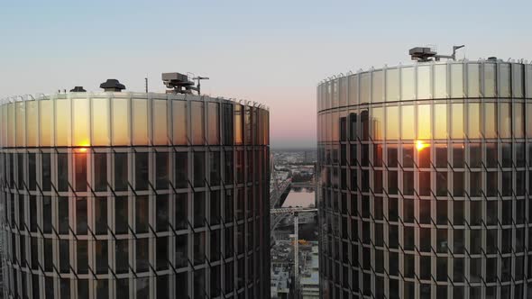 Aerial close up view roof top of glass office buildings on sunset in Riga, Latvia alt