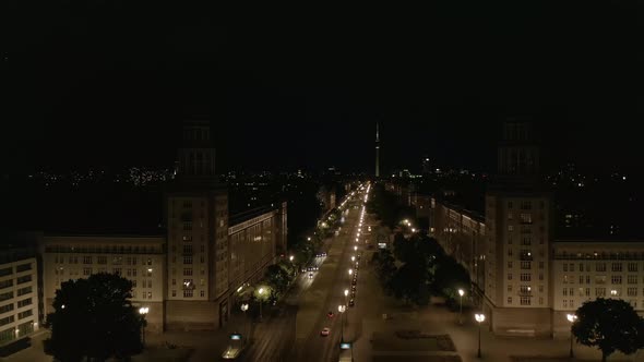 Aerial View of Empty Karl-Marx-Allee Street at Night in Berlin, Germany During COVID 19 Coronavirus alt