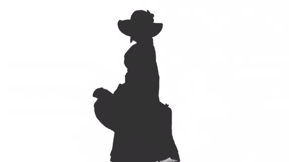 Silhouette Of Elegant Lady In Vintage Dress And Hat Dancing, Alpha Channel In