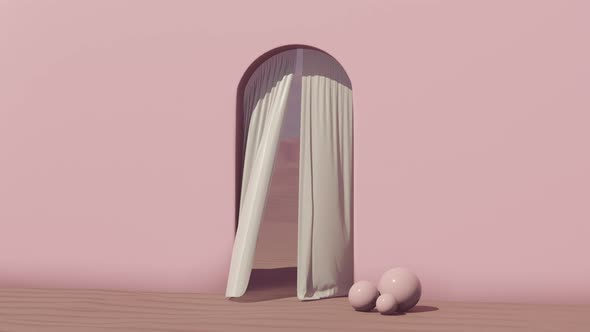 Minimalist Rendering Of A Doorway With A Curtain In A Desert