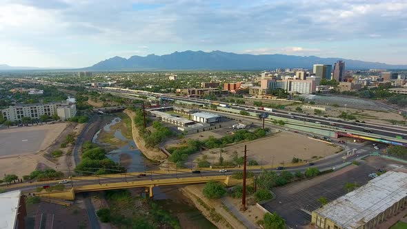 Wide panning drone shot  of downtown Tucson Arizona alt