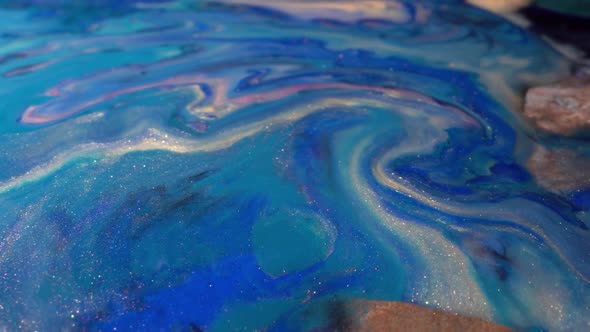 Blue White Gold and Metallic Silver Colors Oil Paint Pouring alt