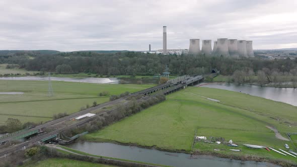 ndustrial Landscape, Aerial Panning Shot, Ratcliffe Power Station, River Trent, Canal, Train Line, D