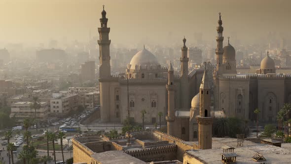Panning Shot of Mosque of Sultan Hassan Cairo Egypt at Sunset alt