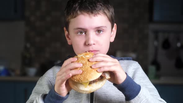 Hungry Boy Bites a Big Hamburger, Stuffs His Mouth Full of Food and Laughs alt