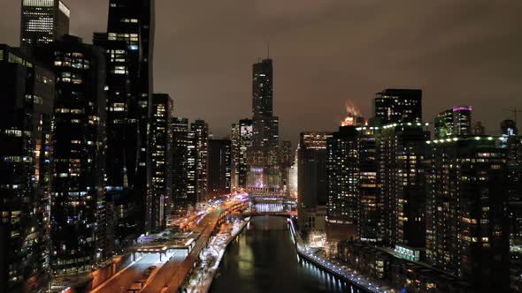 Urban Chicago City and Chicago River at Night in Winter alt