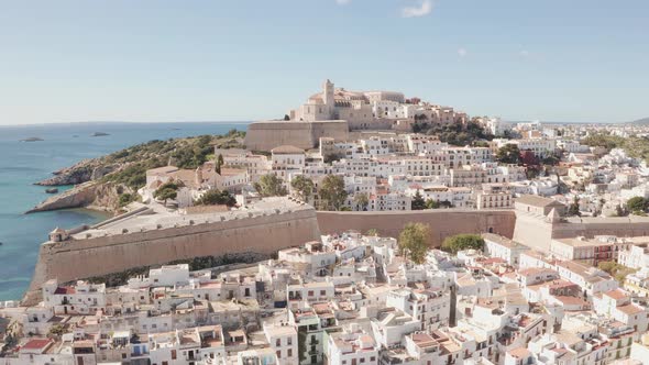 Aerial view of Ibiza city, the Old Town and the city walls of Eivissa, in the island of Ibiza, on a alt