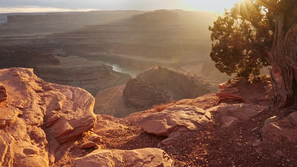 Sunset View of Dead Horse Point State Park, Utah, USA. Сamera Moves Over a Cliff, View of Canyon alt