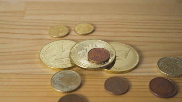 Euro Coins Falling on Physical Bitcoin, Litecoin and Ethereum from Above