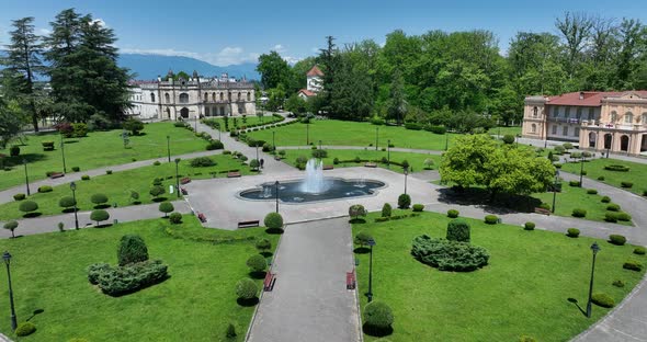 Zugdidi, Georgia - May 30 2022: Aerial view of Dadiani Palace in the center of Zugdidi city alt