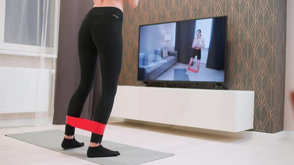 Wellness Female is Engaged in Fitness with a Coach Makes a Workout Online in Front of the TV Private alt