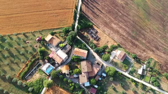 Small village in the fields with some dirt road, top down aerial drone alt