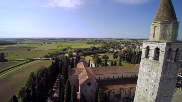 Aerial View Italy church, church with tower,